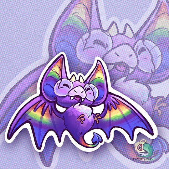 A cartoonish drawing of a bat with impish features (horns and devil tail) and glasses with colors inspired in the LGBTQ+ flag, its main fur is purple and its ears, wings and tail show a rainbow pattern, the tuft on its tail shows the colors of thr trans flag.