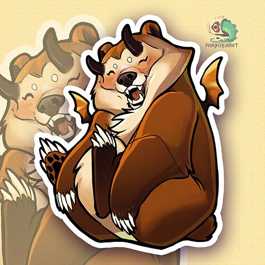 Smiling demon-bear inspired by the colors of the Bear Pride flag