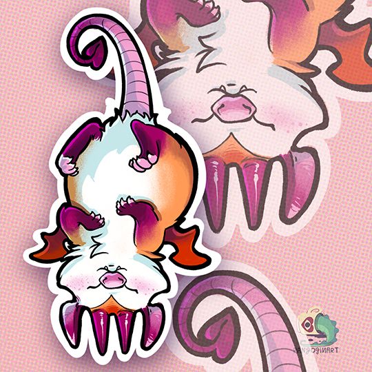 Cartoon drawing of an imp possum with colors inspired by the lesbian pride flag. 