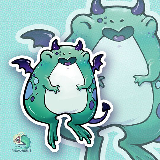 digital drawing of a cute, chubby imp frog with the colors of the gay pride. The frog is smiling joyfully.