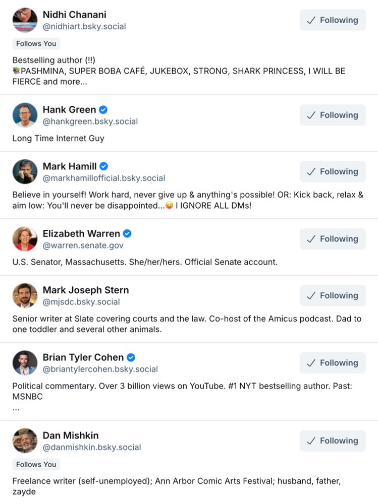 A screenshot of a small portion of my followers list with certain celebrities and prominent political figures (e.g., Mark Hamill, Elizabeth Warren, etc) showing the 