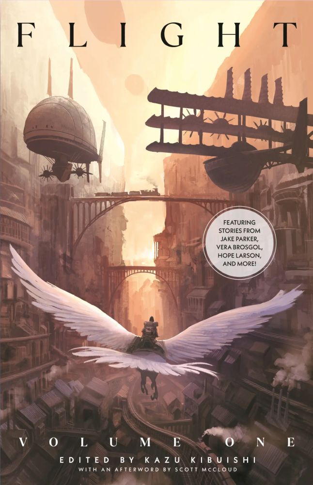 The cover to the newly reissued anthology Flight Magazine Volume #1 from Inklore Books, featuring a beautiful painting with a winged adventurer, blimp, biplane, fantasy city—you name it.
