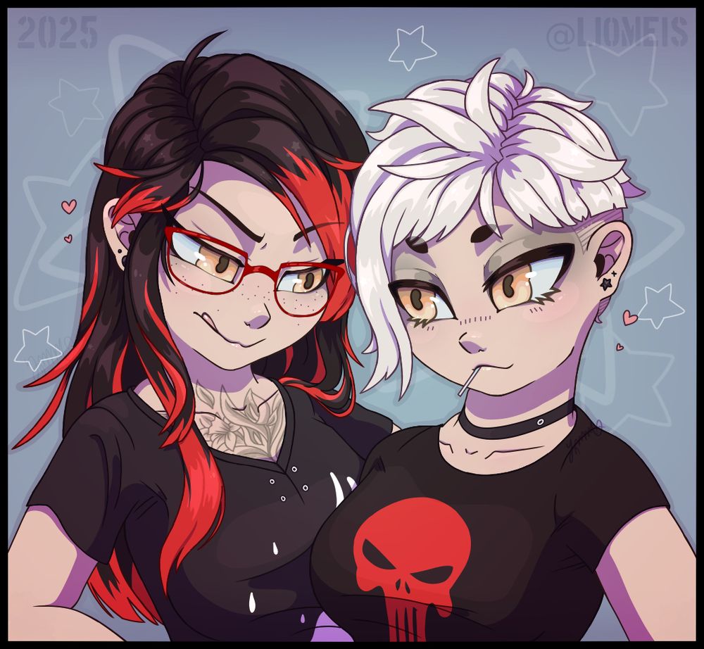 Ashley from Hunie Pop 2 (Left), a woman with gold eyes, black and red hair, glasses, and a neck/chest tattoo.
Person's OC (Right), a woman with a white pixie cut and shaved undercut, gold eyes, and a skull shirt.