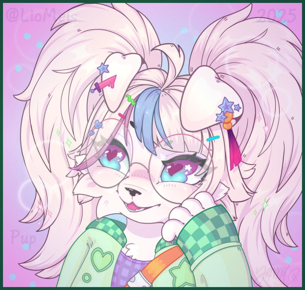 A cute white puppy girl with a dull pink and periwinkle streak in her bangs. She has huge fluffy ponytails, several clips on her hair and ears, cand circle glasses