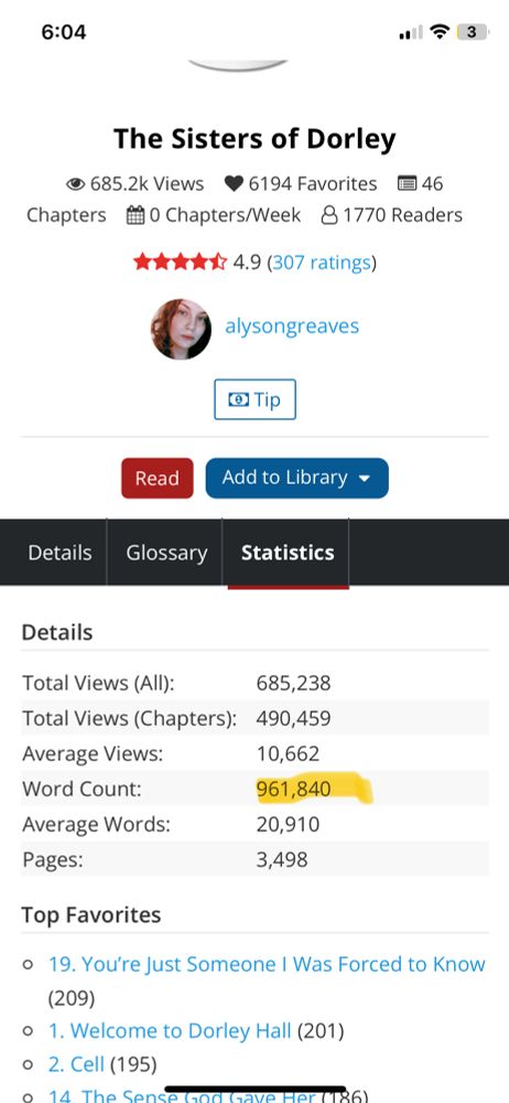 The Sisters of Dorley stats page, showing a word count of 961,840