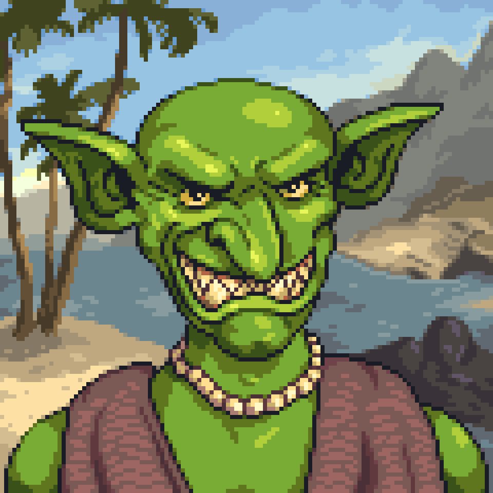 A portrait of a smiling goblin with a tropical coast background