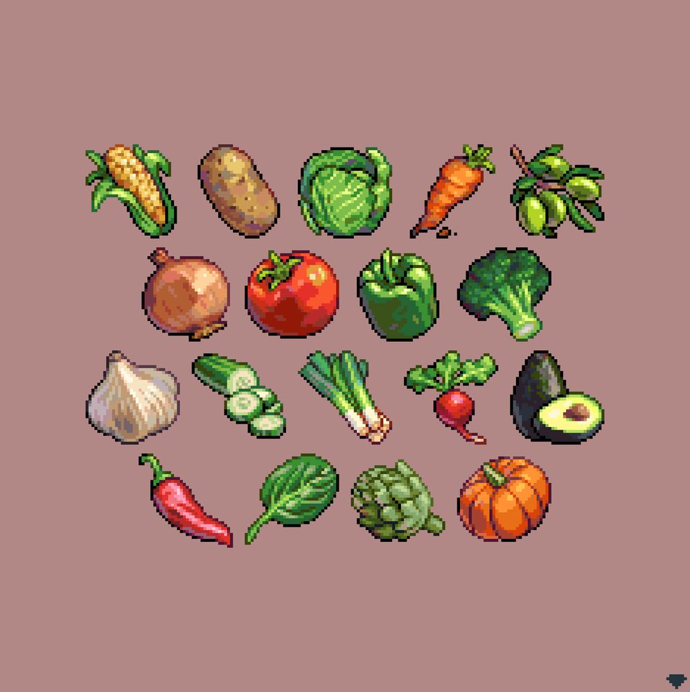 A set of pixelart vegetables, including corn, potato, carrot, onion, tomato, pepper, broccoli, and pumpkin