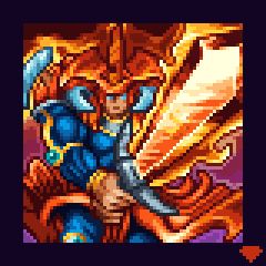 Pixel art of a swordsman holding a large flaming sword, a monster from yugioh