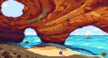Pixelart of the inside of a cave by the sea