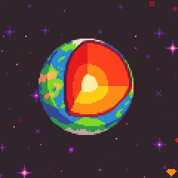 A pixel art depiction of a cross section model of a earthlike planet in space
