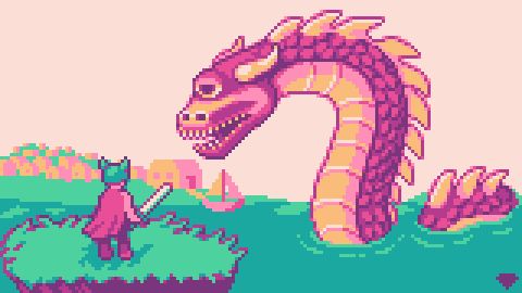 Pixel art depicting a warrior about to battle a one eyed sea serpent 