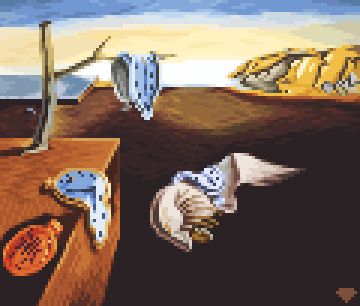 A realistic work of pixel art recreating the famous painting by Salvador Dali called the Persistence of Memory 