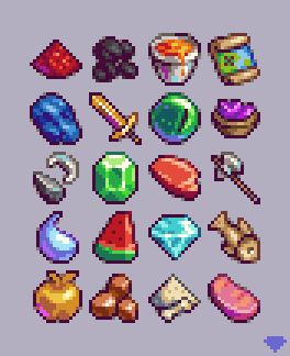 A set of minecraft items including emerald, some meat, golden apple, melon, tools, a map, diamond, and other minerals