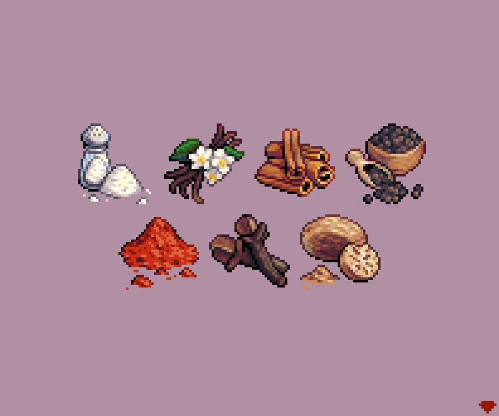 A set of spices depicted as pixel art icons, includes salt, pepper, cinnamon, vanilla, paprika, cloves, and nutmeg