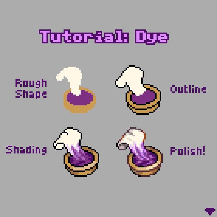Pixel art tutorial showing the steps I used to draw an icon for purple dye