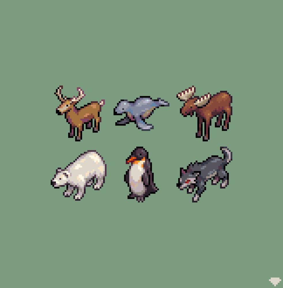 A set of pixel art icons depicting arctic creatures like a deer, moose, penguin, and polar bear