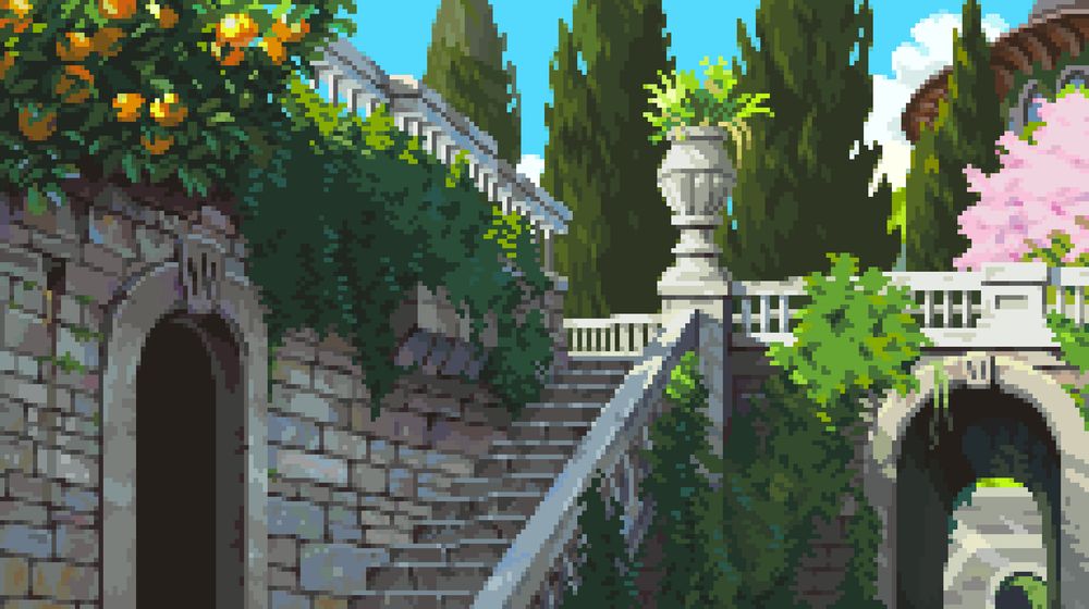 Pixel artwork of a courtyard scene with stone walls and lots of plants growing 