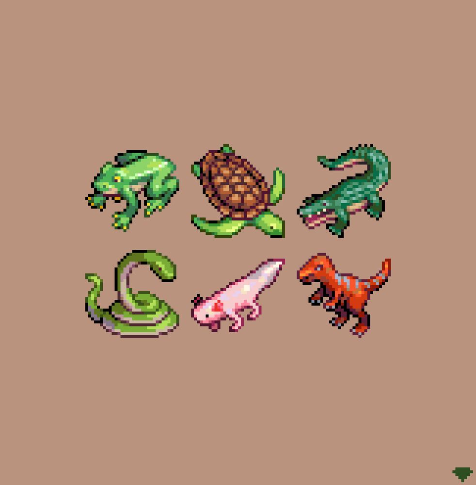 A set of 32x32 pixel icons including a frog, sea turtle, crocodile, snake, axolotl, and a raptor