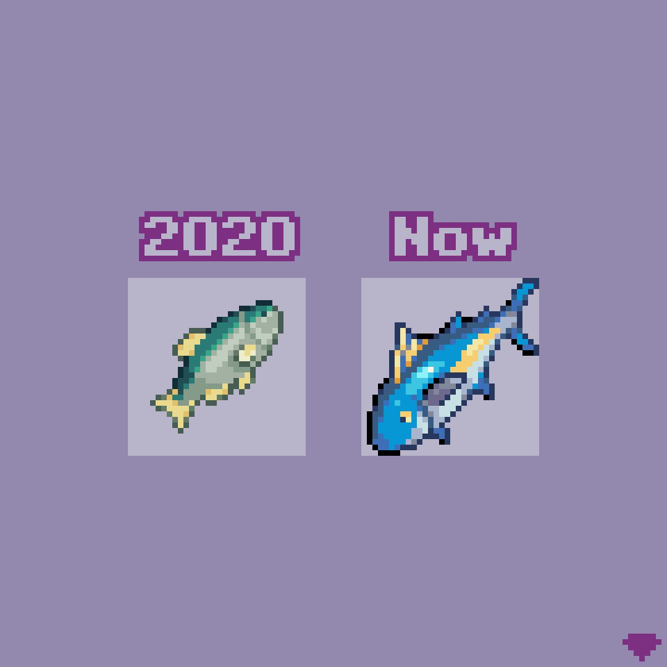 2 pixel art icons of fish drawn 4 years apart