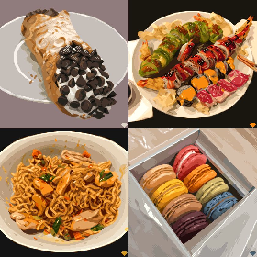 A group of realistic works of pixel art depicting a cannoli, sushi, noodles, and macarons