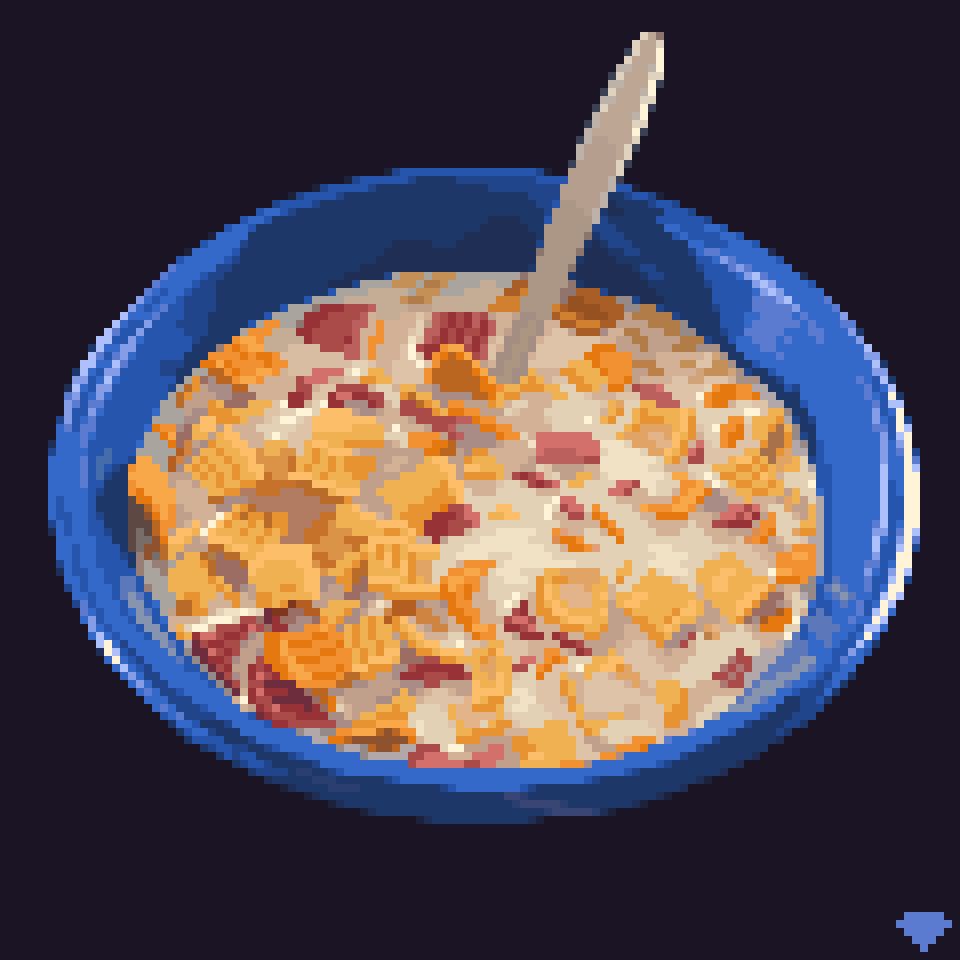 Realistic pixel art of a bowl of cereal 