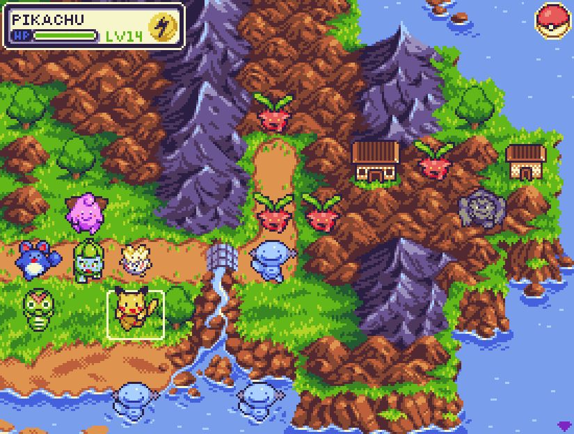 A mockup of a turn based strategy game where the player controls a party of pokemon. The setting is a mountainous region by the coast