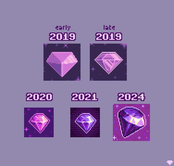 Comparison of several different purple diamonds drawn in pixel art 