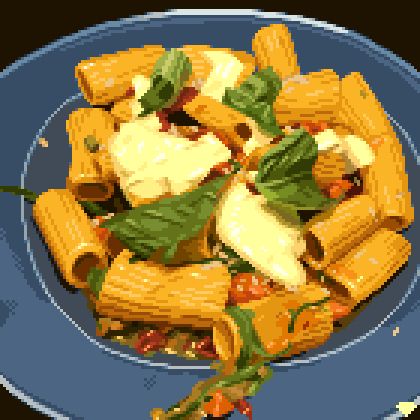 Realistic pixelart of a plate of rigatoni with cheese and basil leaves