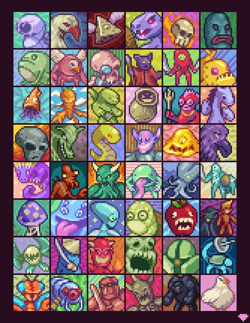 A collection of some doodles I drew with pixels. Various monsters are depicted