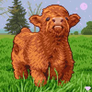 Pixel art of a baby highland cow in a field
