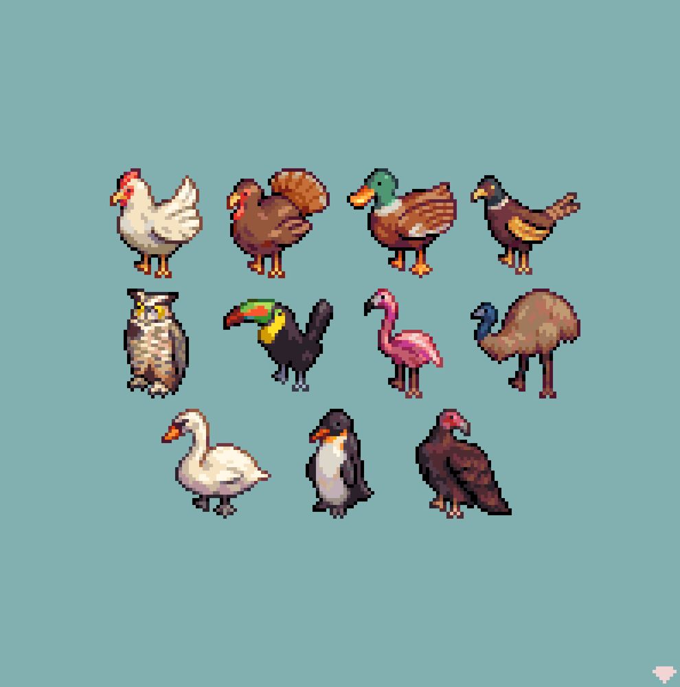 A set of pixel art birds, including chicken, turkey, duck, pheasant, owl, flamingo, and penguin