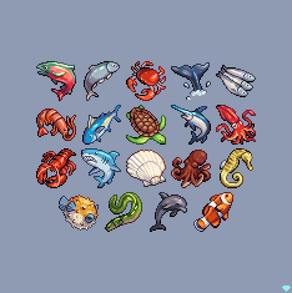 A set of aquatic creatures drawn in pixel art. Various fish, crustaceans, squid and octopus, and shellfish. Also a dolphin
