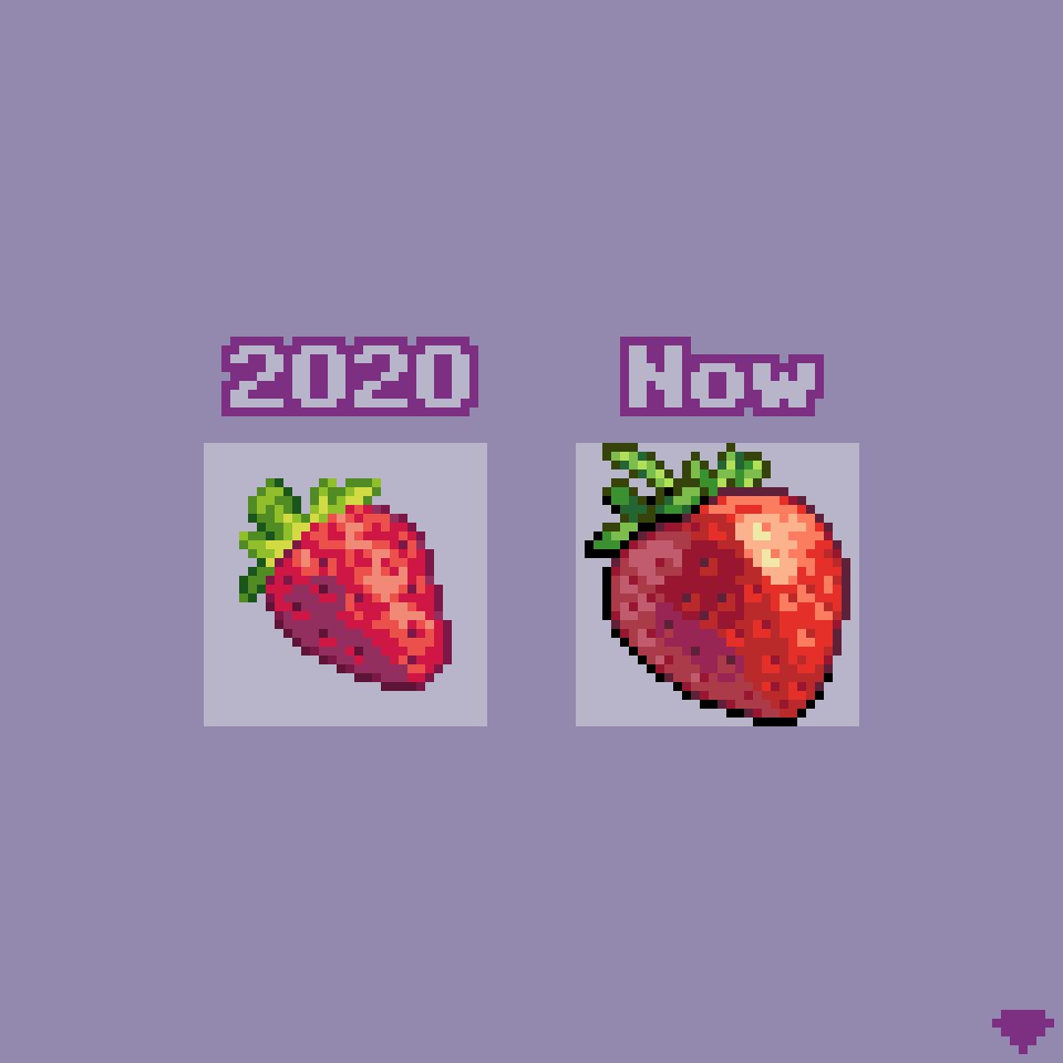 A comparison showing two strawberry pixel art icons I drew several years apart