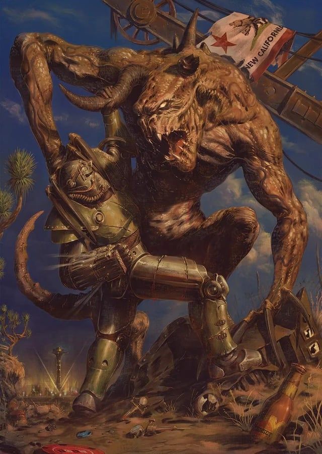 Painting from fallout showing someone in power armor fighting a death claw 