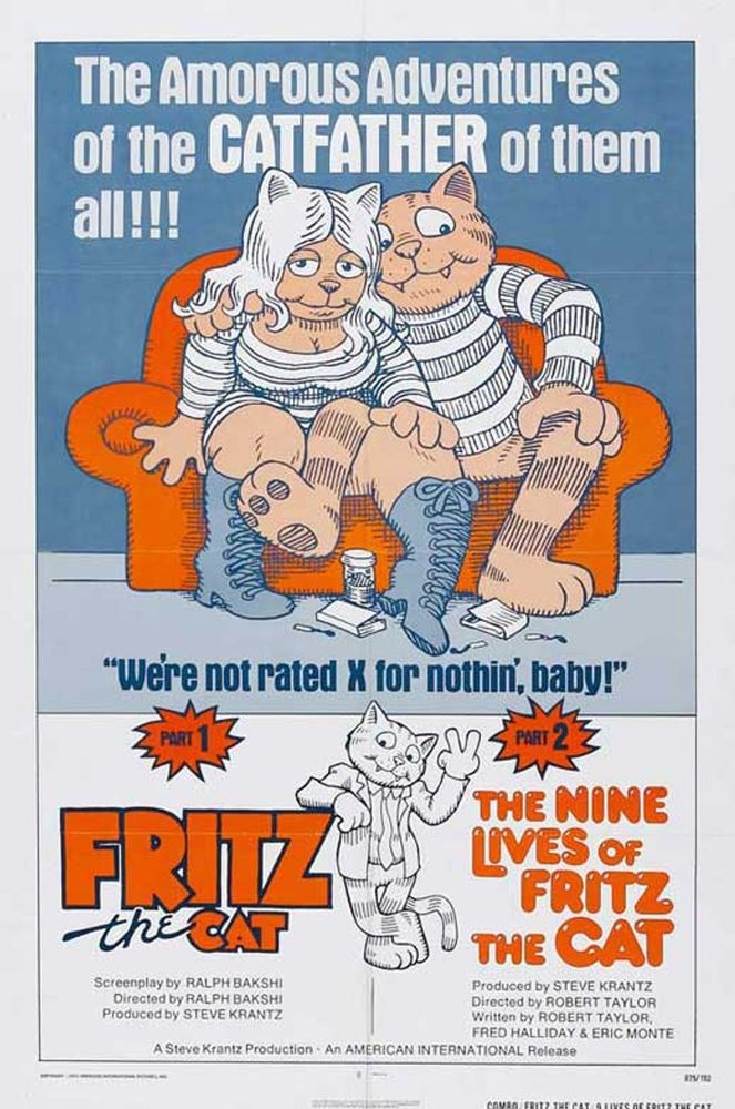 Poster advertising a double feature of both Fritz the cat movies 