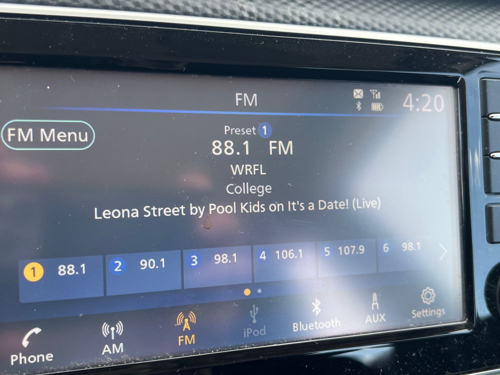Dashboard digital radio readout :FM Menu preset1 88.1 FM WRFL COLLEGE Leona Street by Pool Kids on It’s A Date