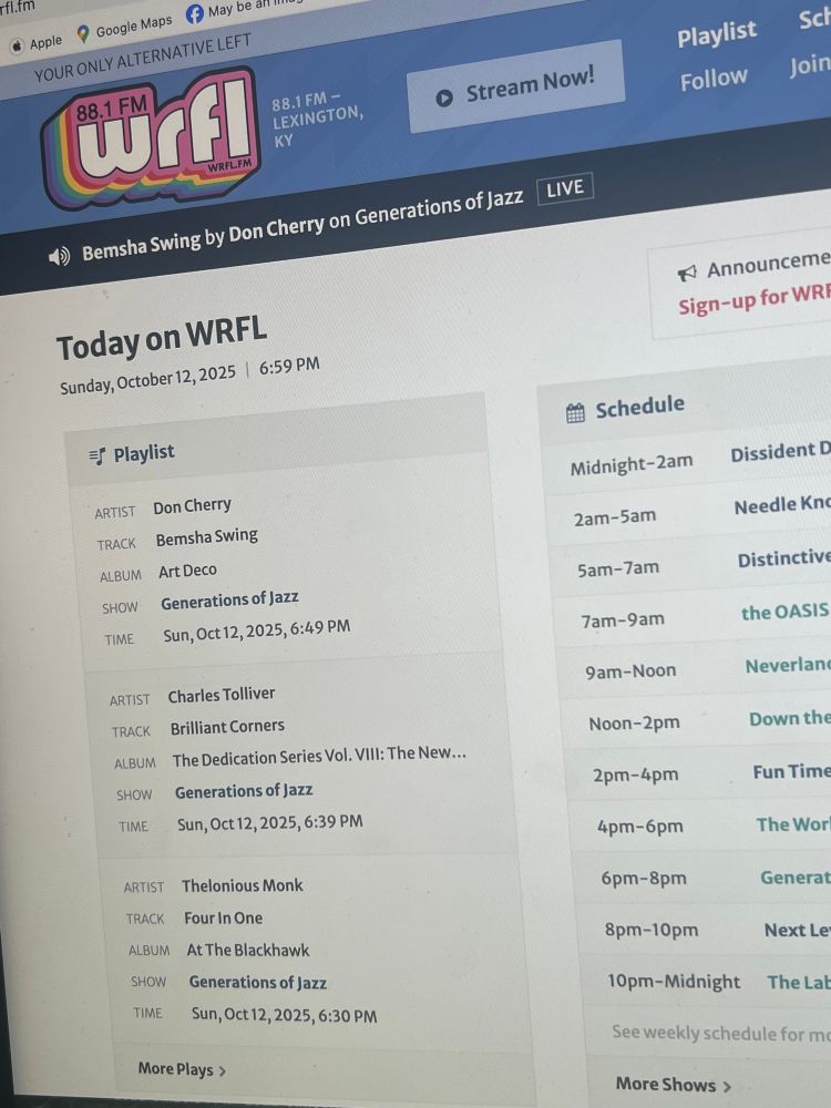 A screenshot of the WRFL.FM webpage which shows what is/has been playing and streaming on this Lexington, Kentucky based student-run Class D FM alternative station w 7900 watts reaching 9 counties, including all of the Lexington metro. It shows the last three tracks from Generations of Jazz, a Sunday night show from 6-8 pm. Don Cherry, Charles Tolliver and Thelonius Monk are last three played. Streaming at WRfL.fm radio at 88.1 fm. 