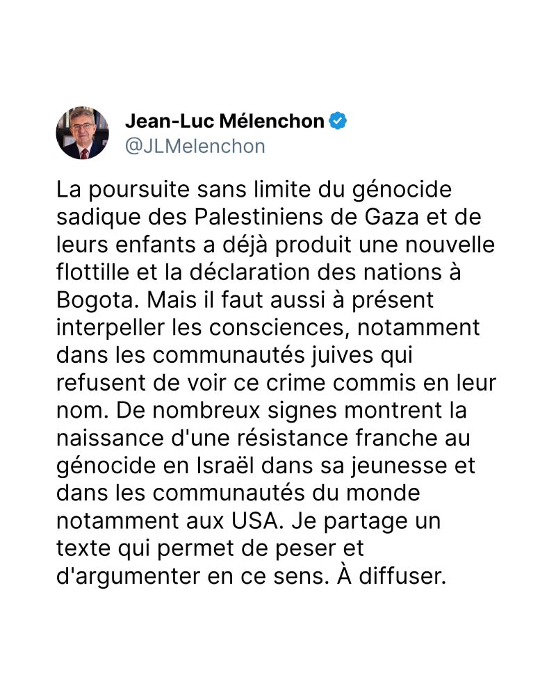 La poursuite sans limite du génocide sadique des Palestiniens de Gaza et de leurs enfants a déjà produit une nouvelle flottille et la déclaration des nations à Bogota. Mais il faut aussi à présent interpeller les consciences, notamment dans les communautés juives qui refusent de voir ce crime commis en leur nom. De nombreux signes montrent la naissance d'une résistance franche au génocide en Israël dans sa jeunesse et dans les communautés du monde notamment aux USA. Je partage un texte qui permet de peser et d'argumenter en ce sens. À diffuser.

