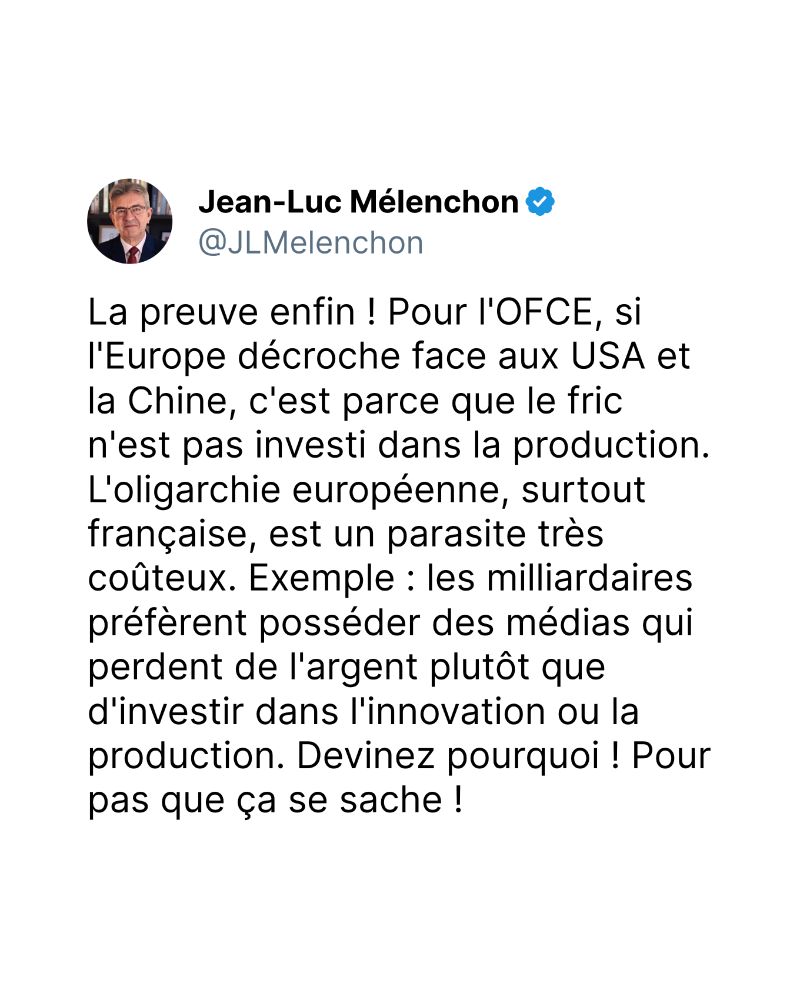 La preuve enfin ! Pour l'OFCE, si l'Europe décroche face aux USA et la Chine, c'est parce que le fric n'est pas investi dans la production. L'oligarchie européenne, surtout française, est un parasite très coûteux. Exemple : les milliardaires préfèrent posséder des médias qui perdent de l'argent plutôt que d'investir dans l'innovation ou la production. Devinez pourquoi ! Pour pas que ça se sache !