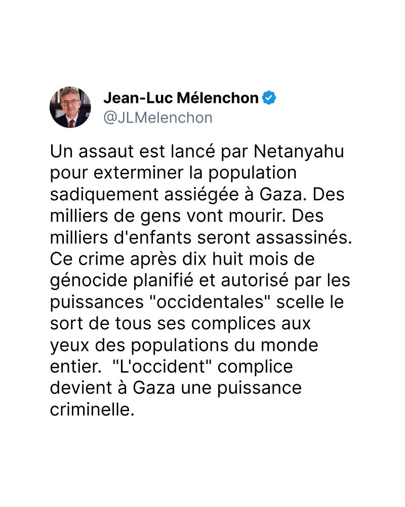 Un assaut est lancé par Netanyahu pour exterminer la population sadiquement assiégée à Gaza. Des milliers de gens vont mourir. Des milliers d'enfants seront assassinés. Ce crime après dix huit mois de génocide planifié et autorisé par les puissances "occidentales" scelle le sort de tous ses complices aux yeux des populations du monde entier. "L'occident" complice devient à Gaza une puissance criminelle.