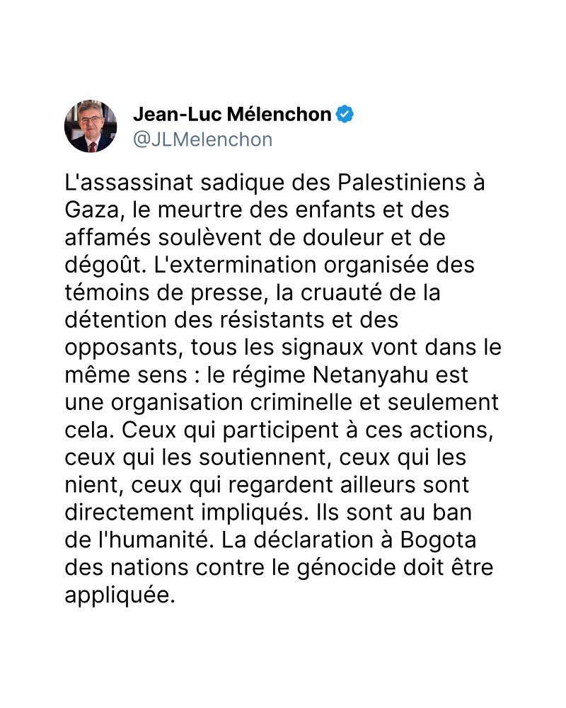 L'assassinat sadique des Palestiniens à Gaza, le meurtre des enfants et des affamés soulèvent de douleur et de dégoût. L'extermination organisée des témoins de presse, la cruauté de la détention des résistants et des opposants, tous les signaux vont dans le même sens : le régime Netanyahu est une organisation criminelle et seulement cela. Ceux qui participent à ces actions, ceux qui les soutiennent, ceux qui les nient, ceux qui regardent ailleurs sont directement impliqués. Ils sont au ban de l'humanité. La déclaration à Bogota des nations contre le génocide doit être appliquée.