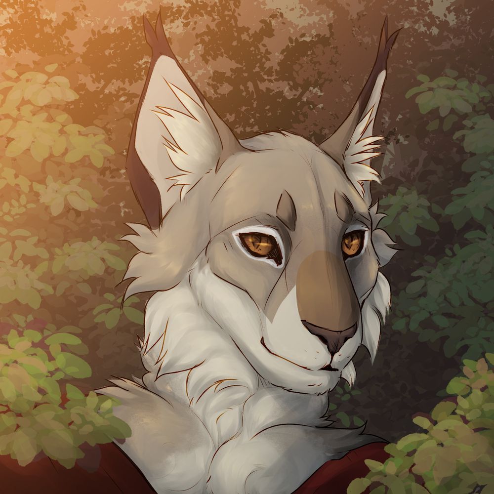 A portrait of an anthropomorphic lynx looking slightly to the right, surrounded by foliage