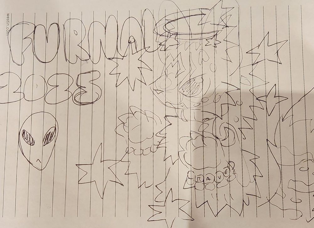 Unsigned doodle of a character over a Furnal 2025