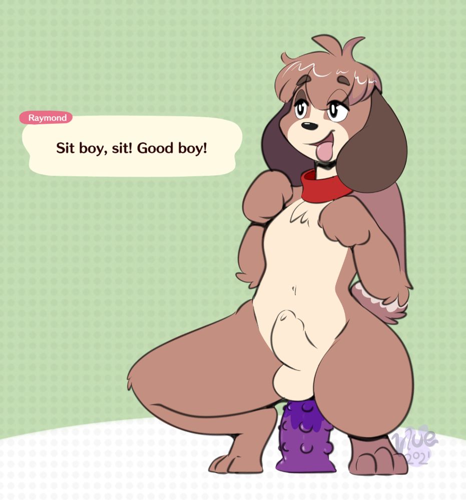 artwork of an anthro male canine kneeling and riding a dildo while someone offscreen is saying 'sit boy, sit! good boy!'