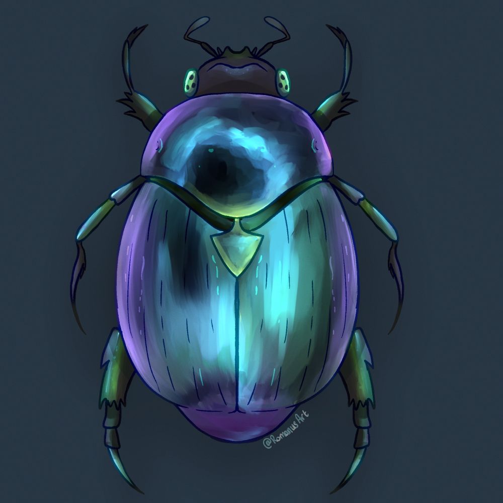 An illustration of a leaf beetle with a blue, green and purple iridescent carapace. The beetle is on a blue grey background. Below the beetle is the artist signature 