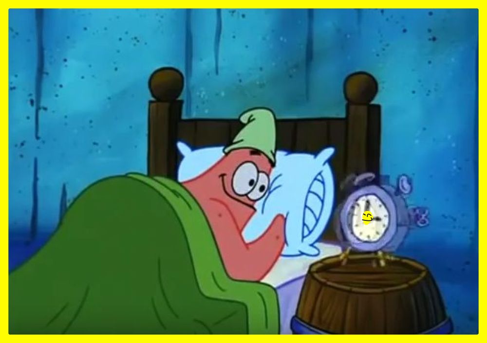 patrick awake (looking at his alarm with BB logo) and eagerly waiting for BB