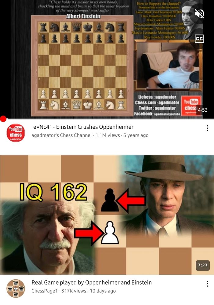 Screenshot of two youtube videos with titles about the chess game between Oppenheimer and Einstein