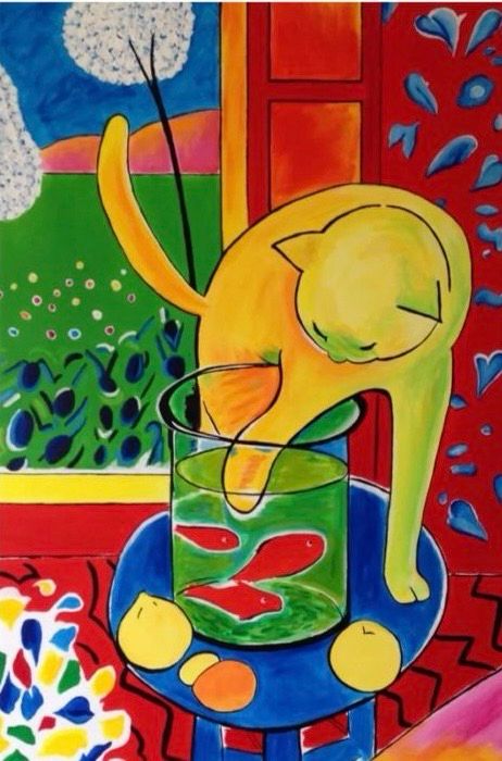 
(Eng) A brightly colored, fauvist-style interior painting by Henri Matisse from 1914. A grey and black cat is seen staring intently at a glass bowl of red fish placed on a small table. The background shows green curtains and a window, with flattened forms and vivid contrasts. The scene is calm yet visually striking, with simplified shapes and bold colors typical of Matisse’s expressive style.

(Tr) Renkli, fovist tarzda yapılmış bir iç mekân tablosu. Masanın üzerindeki cam fanusta birkaç kırmızı balık yüzüyor. Fanusa doğru merakla bakan gri-siyah bir kedi var. Arka planda yeşil perdeler ve pencere görünüyor. Renkler canlı, formlar sade ve kontrastlı. Matisse’in tipik parlak renk paletiyle sakin ama dikkat çekici bir atmosfer yaratılmış.