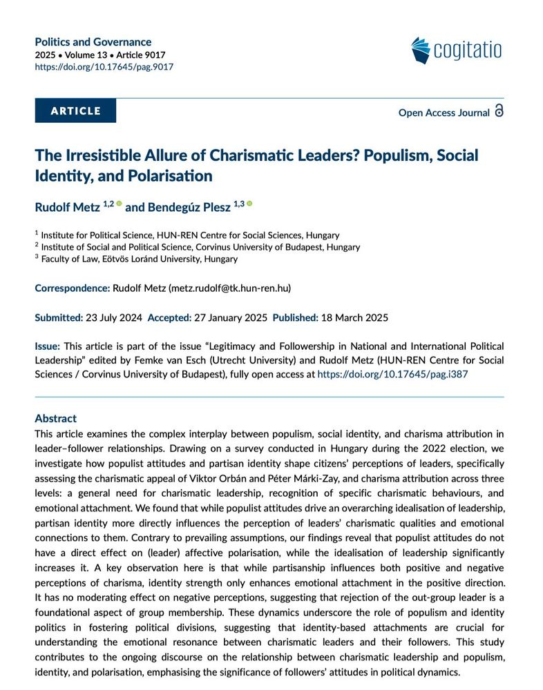 Eng. This study explores the emotional bond between charismatic leaders and their followers. Stronger identity increases attachment to leaders—but rejecting disliked leaders doesn’t require identity strength. Why? Because rejecting the out-group leader is already part of the "us" feeling. #populism

Tr. Popülizm, kimlik ve karizma nasıl birbiriyle bağlantılıdır? Bu çalışma, karizmatik liderler ve takipçileri arasındaki duygusal bağı araştırmaktadır. Daha güçlü bir kimlik, liderlere olan bağlılığı artırır, ancak sevilen liderleri reddetmek için kimlik gücüne gerek yoktur. Neden? Çünkü dış grubun liderini reddetmek zaten “biz” duygusunun bir parçasıdır.