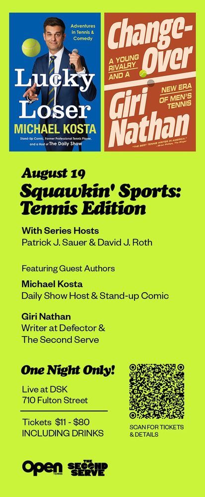 flyer for Giri Nathan book event on 8/19/25 in Brooklyn NY, alongside comedian Michael Kosta, and writers David J. Roth and Patrick J. Sauer